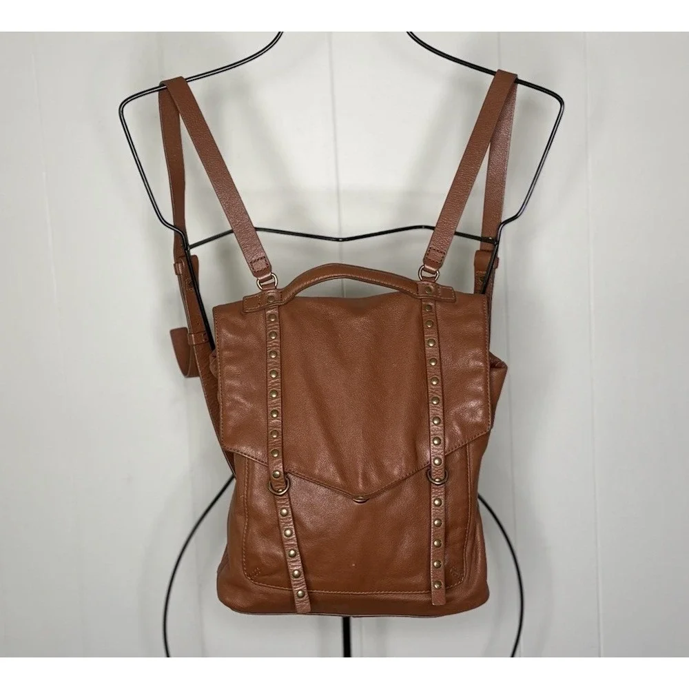 Lucky Brand Leather Brown Cognac Backpack Gold Studded Adjustable‎ Straps